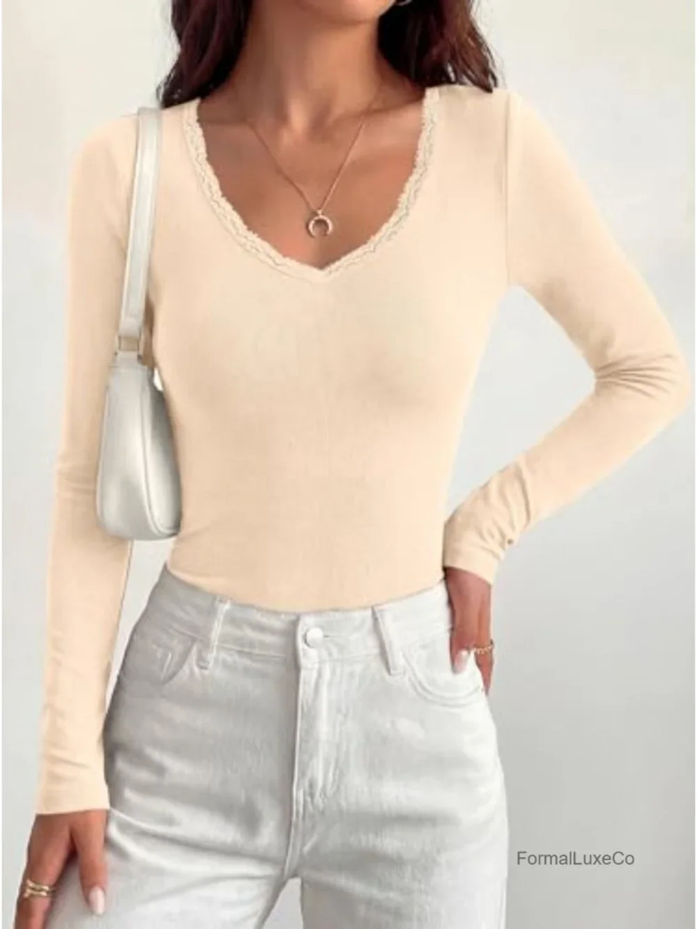 Lace Deep V Neck Long Sleeve Crop Top Women Slim Fit Going Out Tops